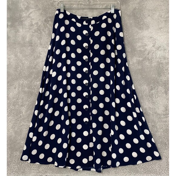 Talbots Dresses & Skirts - Talbots Women’s Midi Skirt A-line‎ Flare Navy Blue Polka Dot Size 10 Faux Button